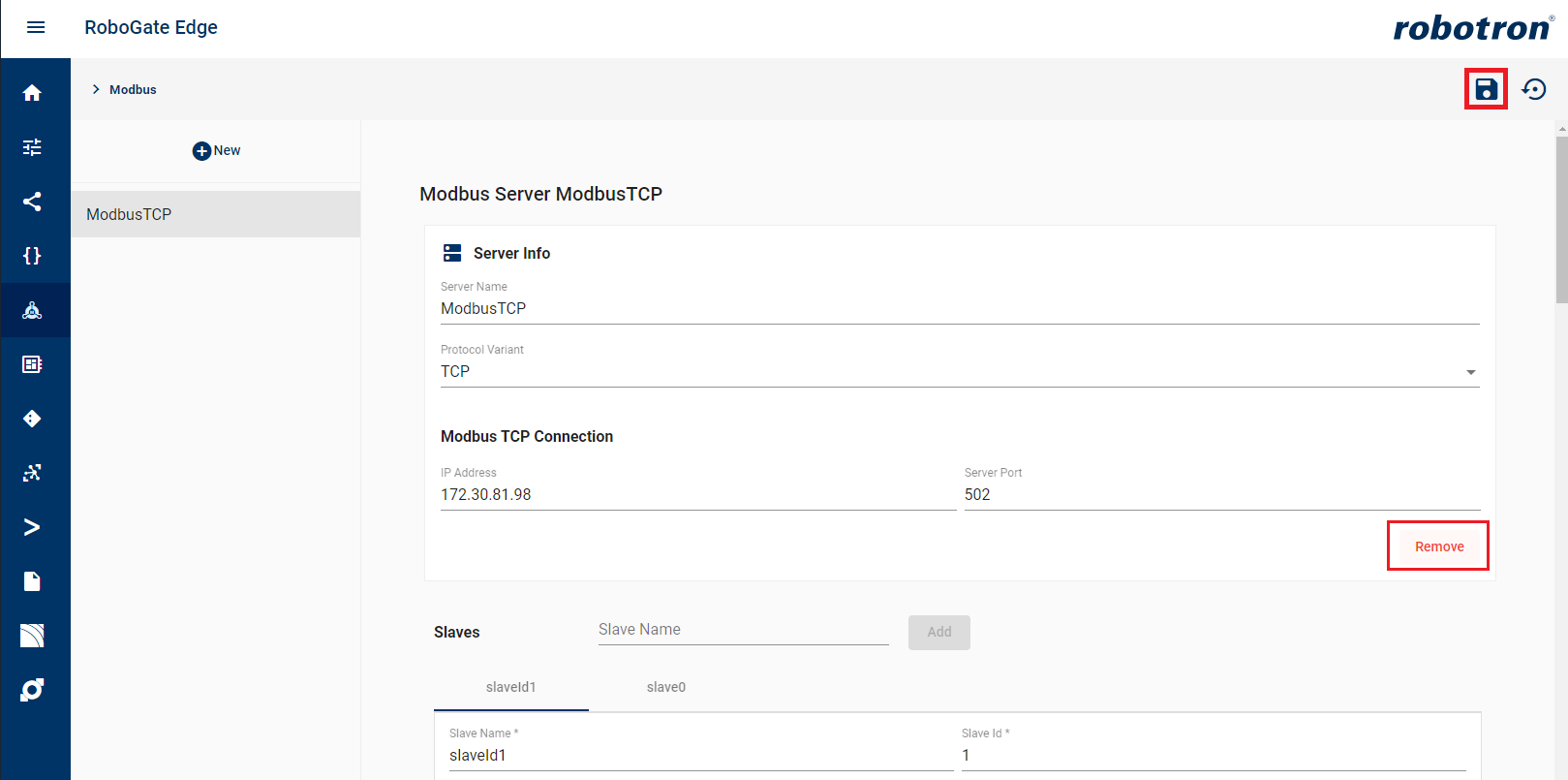 modbus deleteServer