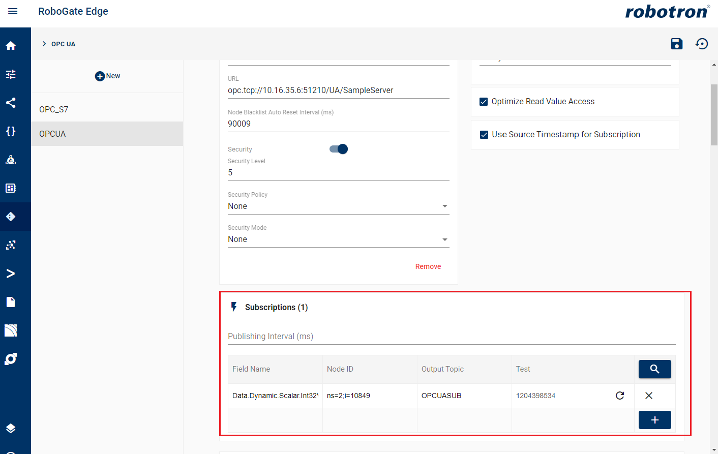 opcua config subscription