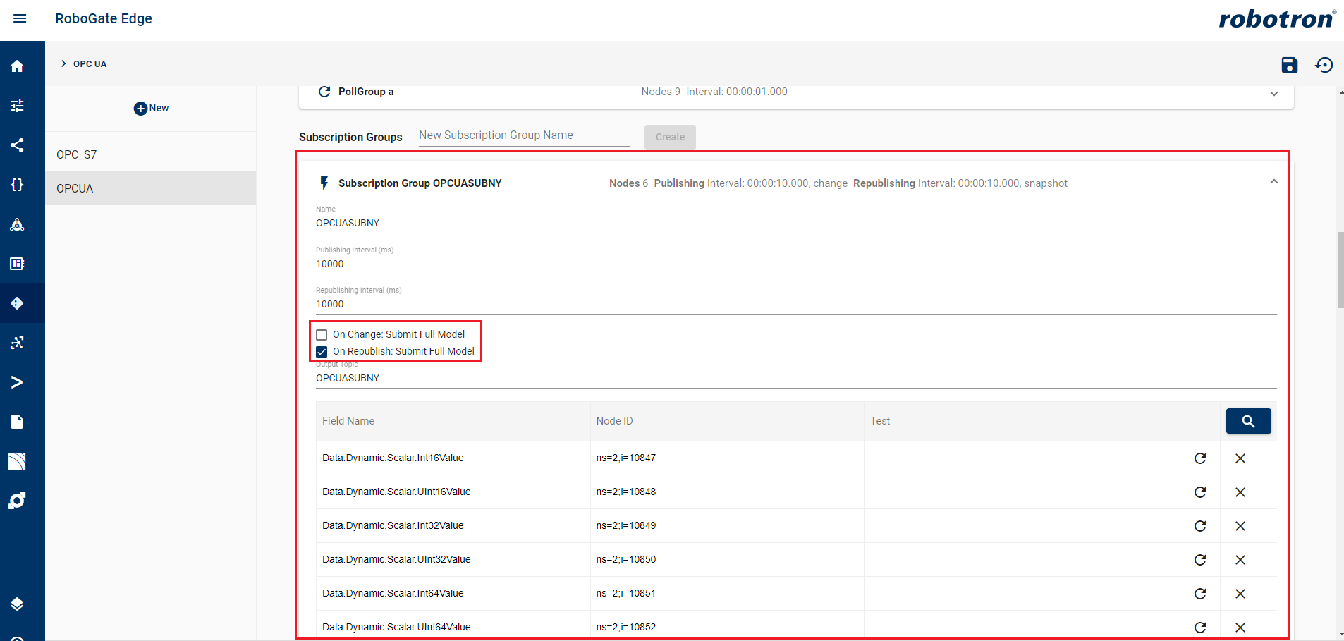 opcua subscription group config