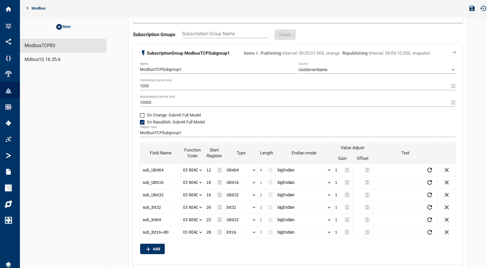 modbus configSubscriptionGroup