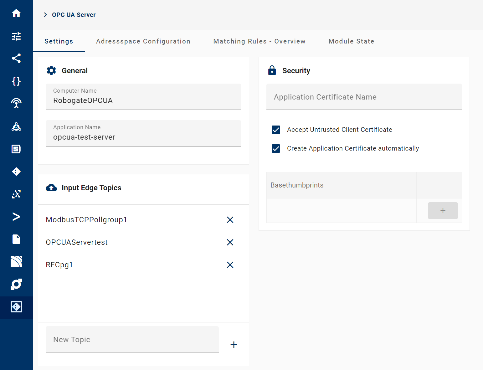 opcua server settings